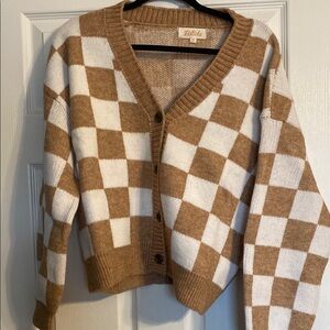 Vici listicle Brown and White Checkered Cardigan Sweater large